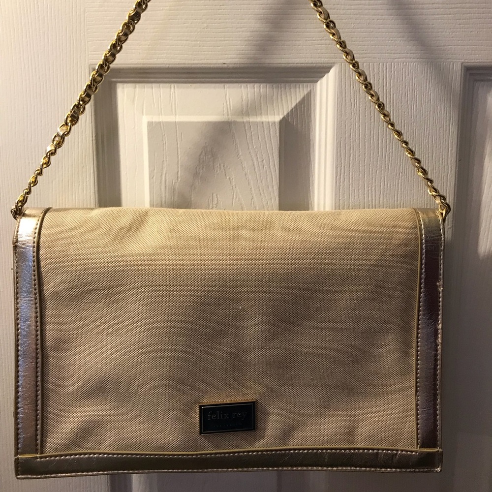 Felix Rey Canvas Shell Clutch Chain Strap Tan/Gold - image 7